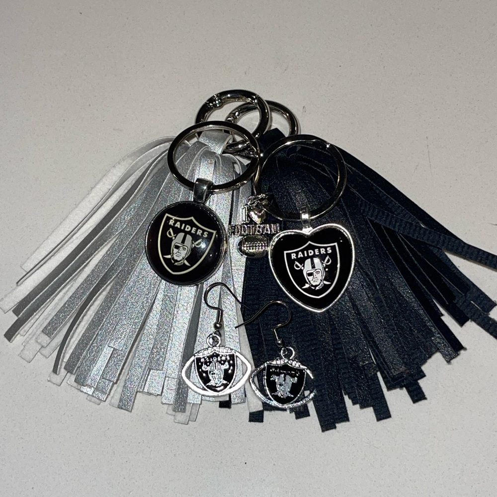 Las Vegas Raiders key chains and earrings